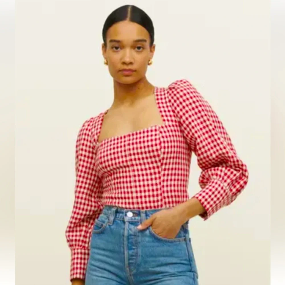 Reformation Red Gingham Puff-Sleeve Square-Neck linen Top